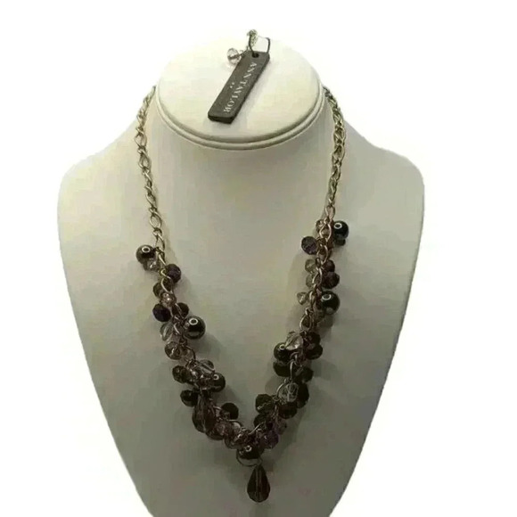 Ann Taylor 23" bib colla Necklace purple bronze gunmetal metallic beads amethyst - Picture 4 of 6